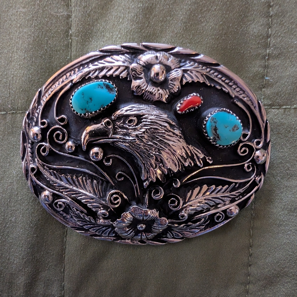 VINTAGE Native Style Eagle Belt Buckle – Genuine Turquoise & Coral